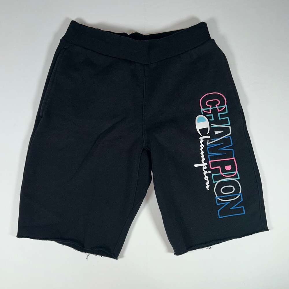 Champion Reverse Weave Cut Off Sweat Shorts Mens S Black Multicolor Logo 10"